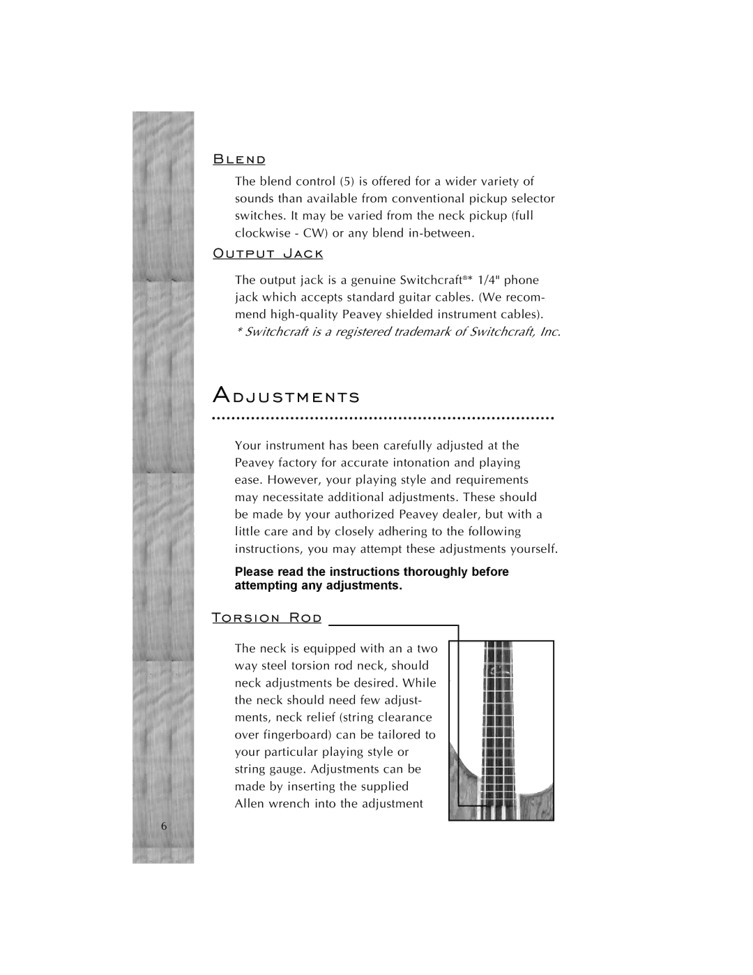 Peavey Guitar manual Adjustments, Blend, Output Jack, Torsion Rod 