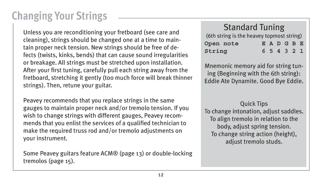 Peavey humbucker model owner manual Changing Your Strings, Standard Tuning 