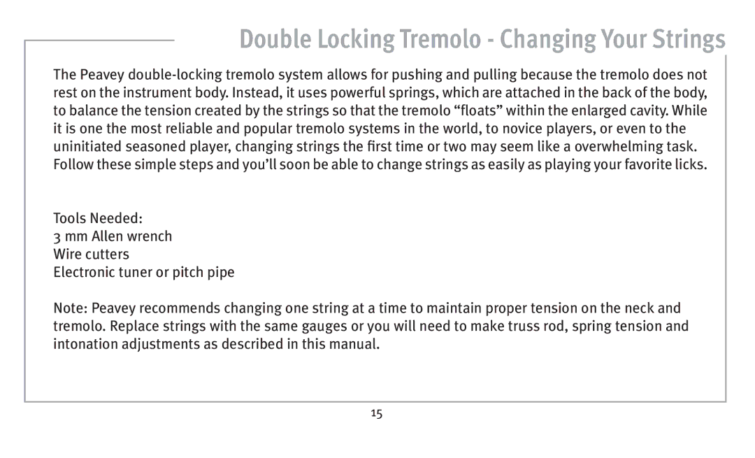 Peavey humbucker model owner manual Double Locking Tremolo Changing Your Strings 