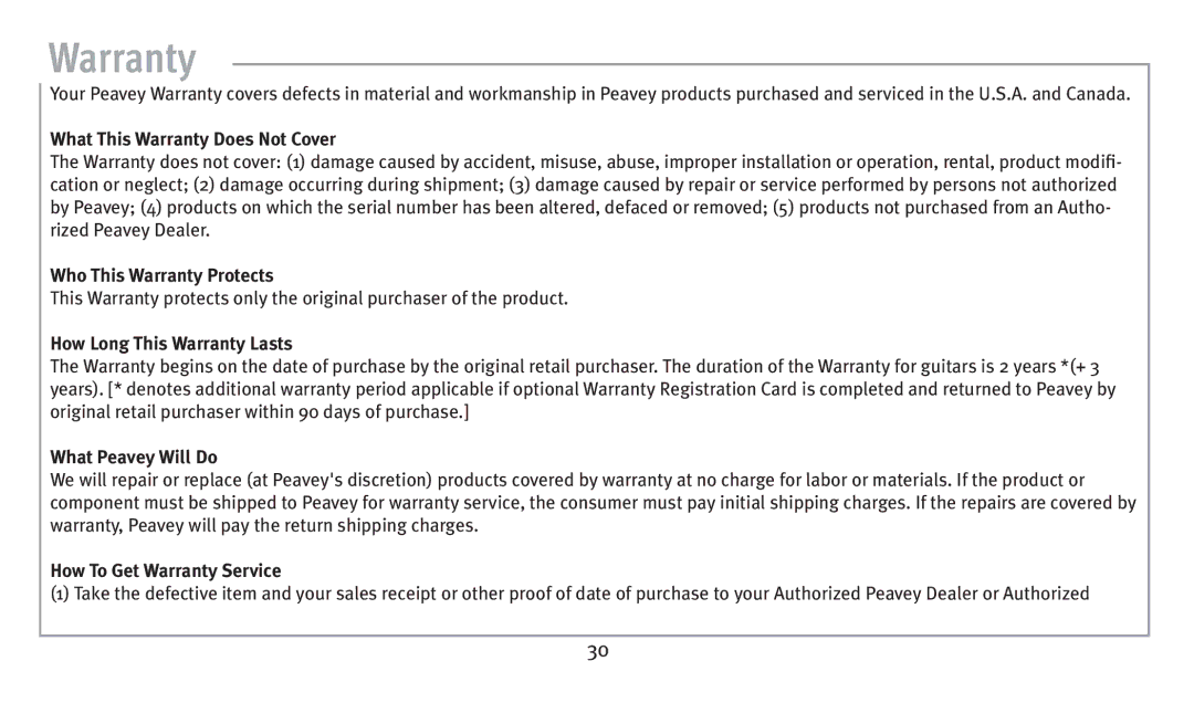 Peavey humbucker model owner manual What This Warranty Does Not Cover 