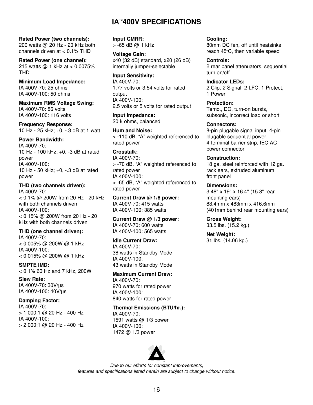 Peavey IA 800V, IA 200V, IA Series owner manual IA 400V Specifications 