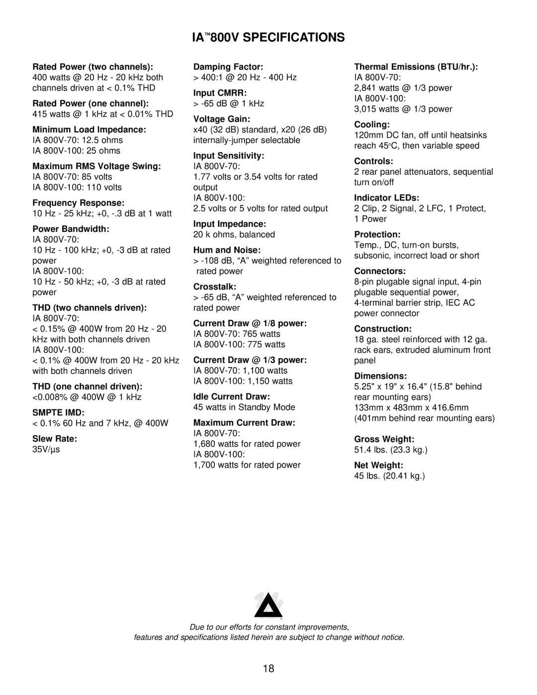 Peavey IA 200V, IA 400V, IA Series owner manual IA 800V Specifications, Minimum Load Impedance IA 800V-70 12.5 ohms 