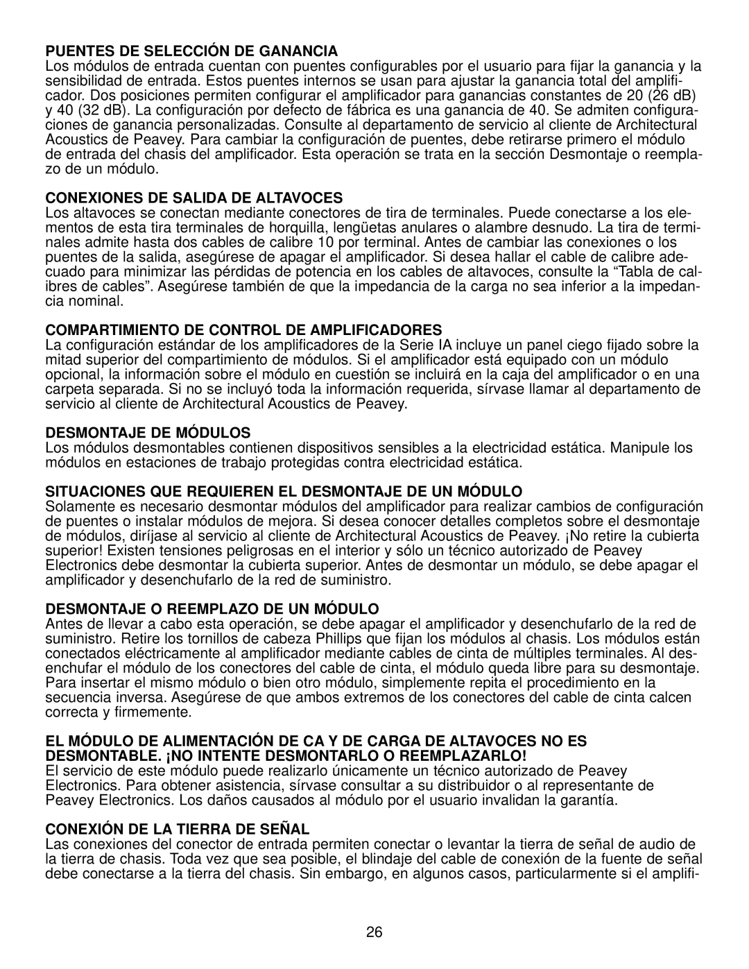 Peavey IA 400V, IA 800V, IA 200V Puentes DE Selección DE Ganancia, Conexiones DE Salida DE Altavoces, Desmontaje DE Módulos 