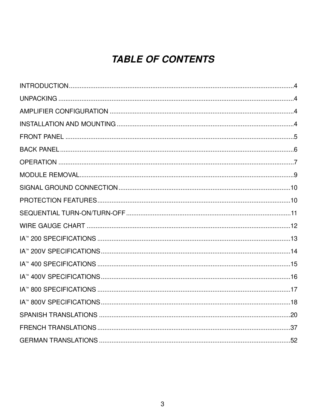 Peavey IA Series, IA 800V, IA 200V, IA 400V owner manual Table of Contents 