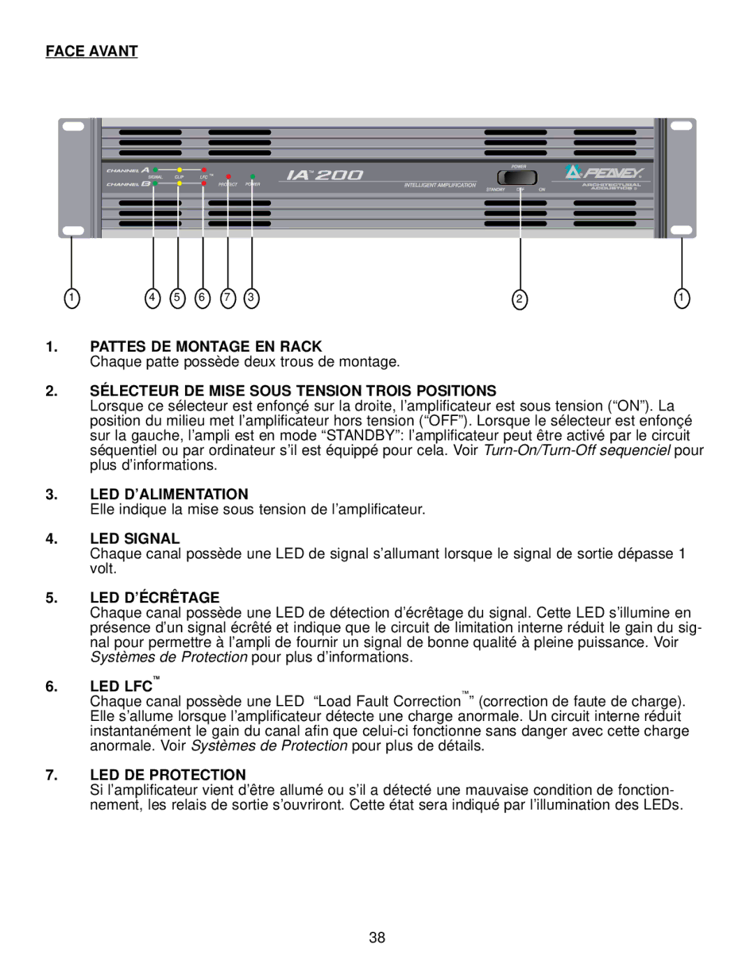 Peavey IA 400V Face Avant Pattes DE Montage EN Rack, Sélecteur DE Mise Sous Tension Trois Positions, Led D’Alimentation 