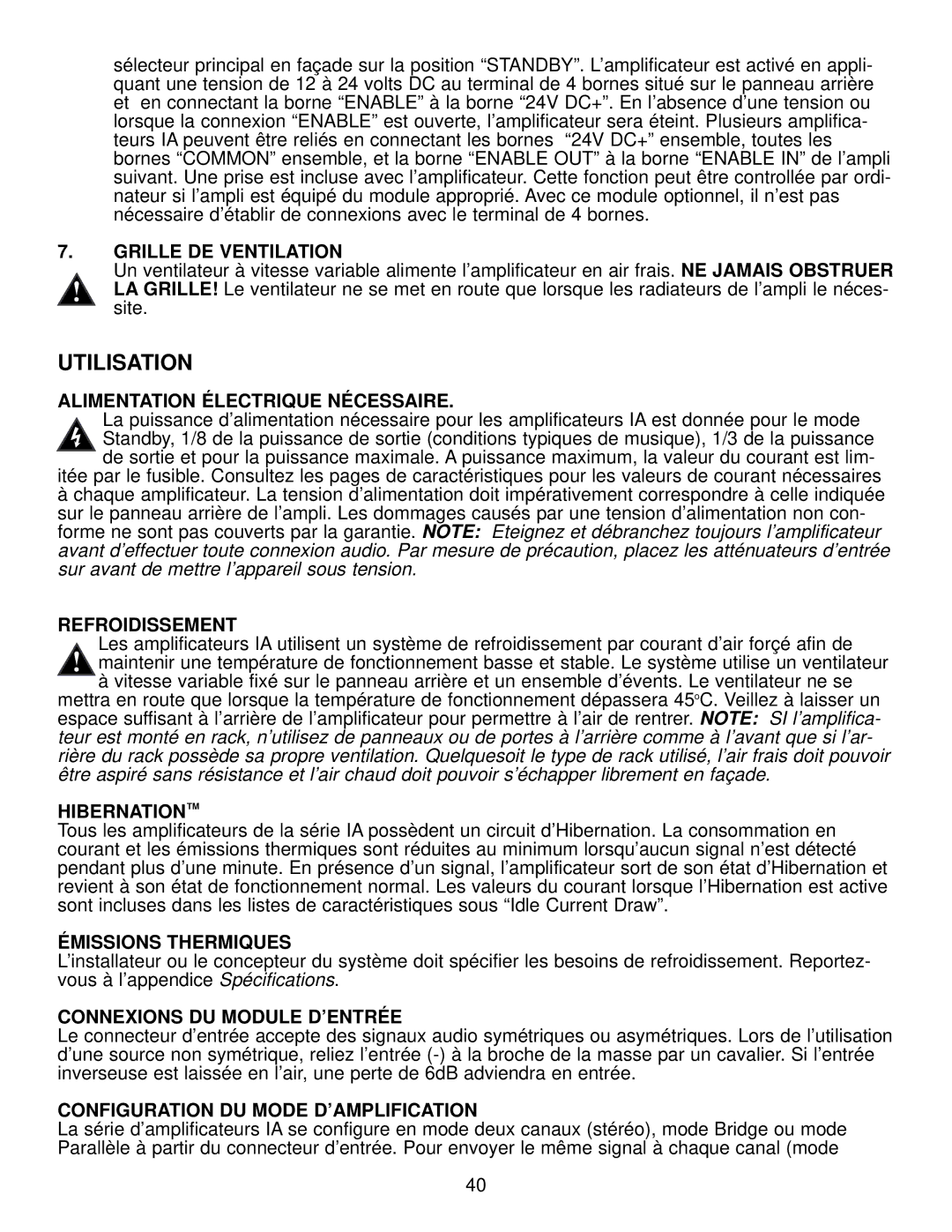 Peavey IA 800V, IA 200V, IA 400V, IA Series owner manual Utilisation 