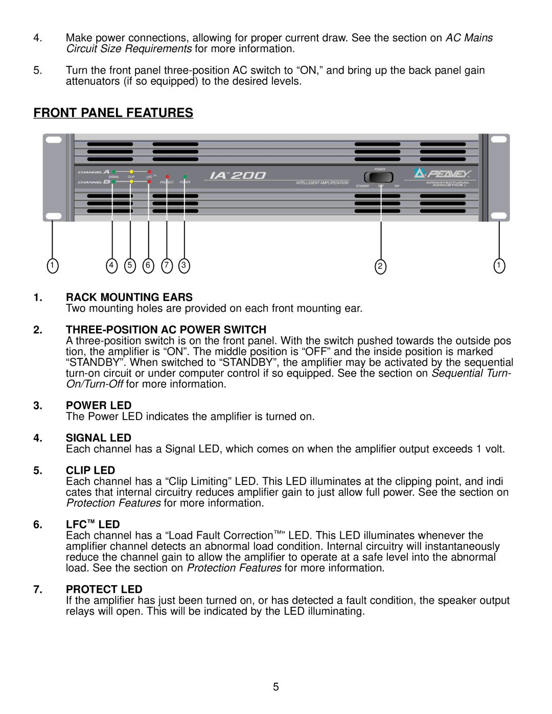 Peavey IA 800V, IA 200V, IA 400V, IA Series owner manual Front Panel Features 