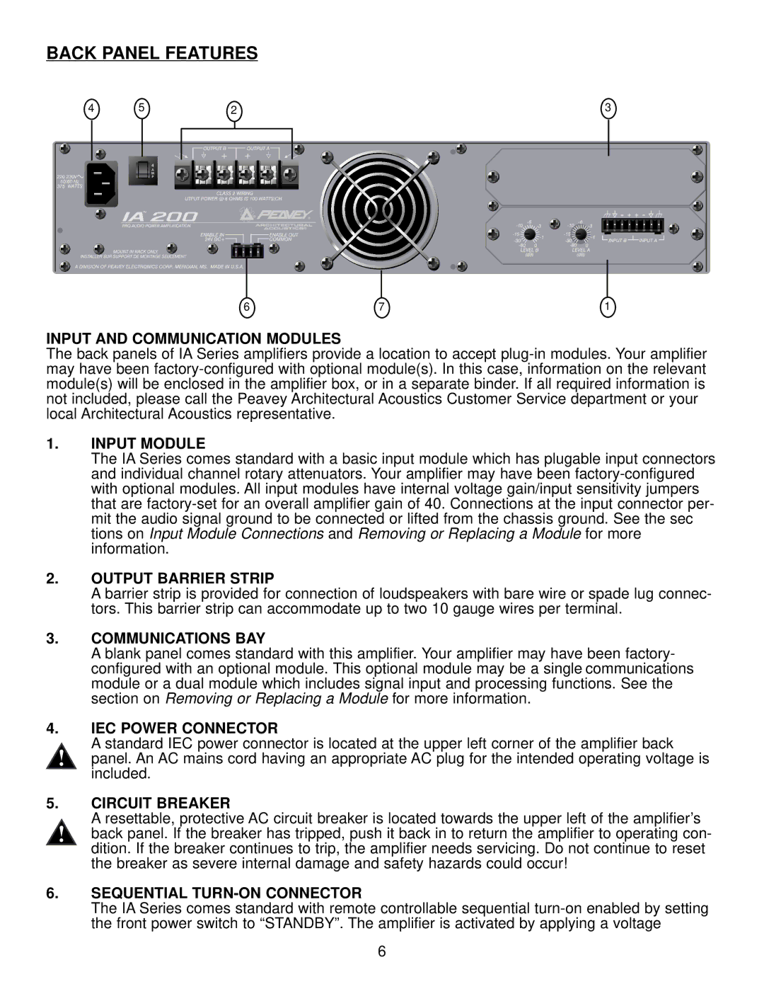 Peavey IA 800V, IA 200V, IA 400V, IA Series owner manual Back Panel Features 