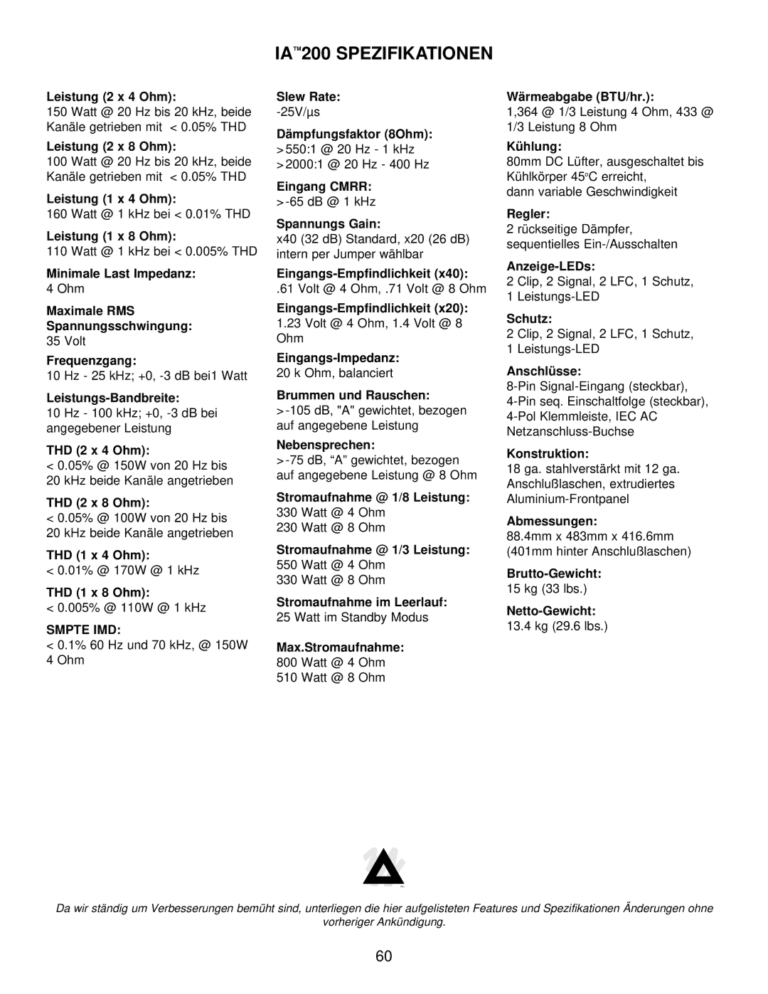 Peavey IA 800V, IA 200V, IA 400V, IA Series owner manual IA 200 Spezifikationen 