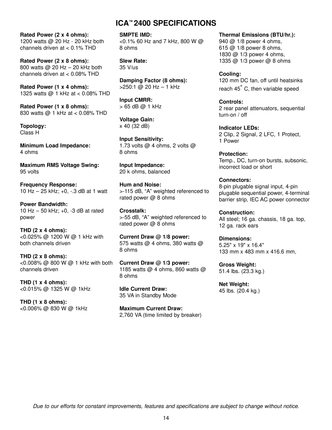 Peavey ICA Series, ICA 600, ICA 800V, ICA 400V, ICA 2400V, ICA 1200 manual ICA 2400 Specifications 