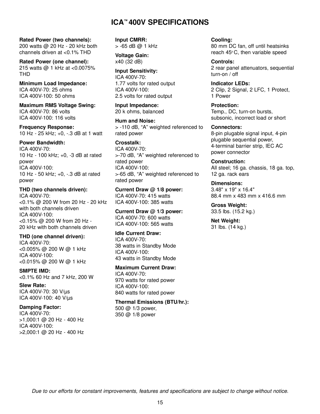 Peavey ICA 600, ICA Series, ICA 800V, ICA 2400V, ICA 1200 manual ICA 400V Specifications, THD two channels driven ICA 