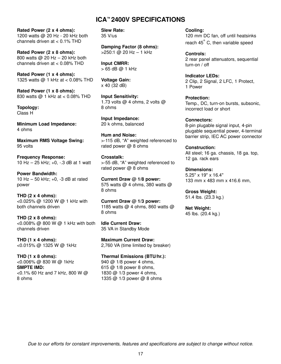 Peavey ICA 800V, ICA Series, ICA 600, ICA 400V, ICA 1200 manual ICA 2400V Specifications 