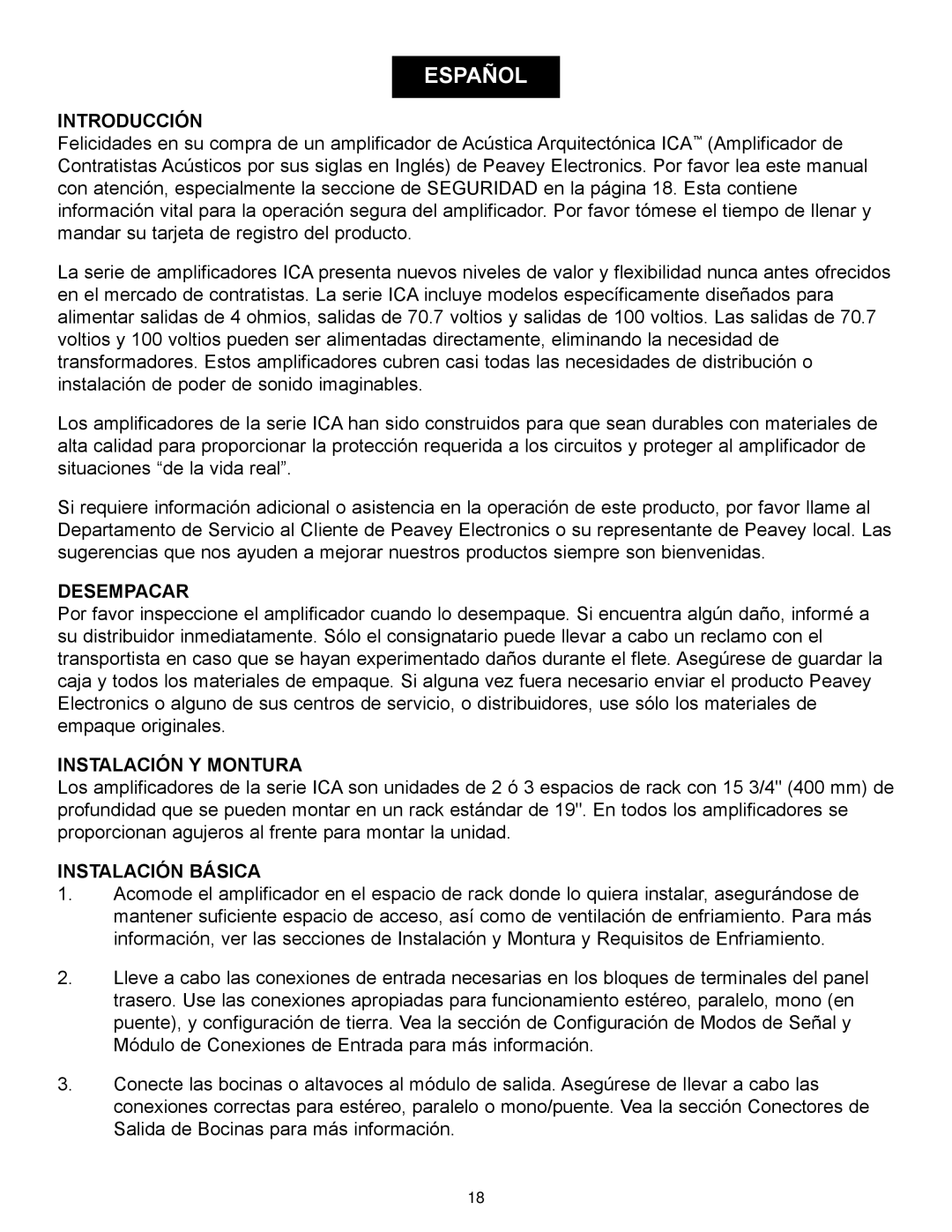 Peavey ICA 400V, ICA Series, ICA 600, ICA 2400, ICA 800V Introducción, Desempacar, Instalación Y Montura, Instalación Básica 