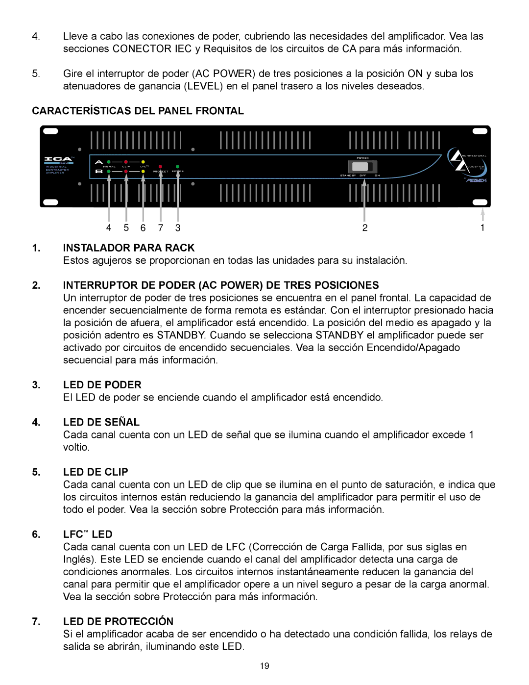 Peavey ICA 2400V Características DEL Panel Frontal, Instalador Para Rack, Interruptor DE Poder AC Power DE Tres Posiciones 