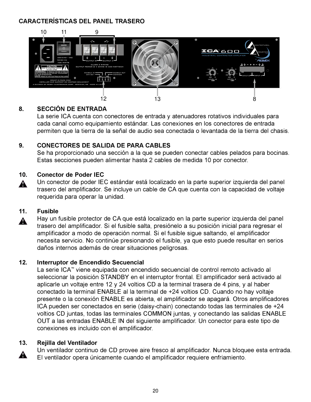 Peavey ICA 1200, ICA Series Características DEL Panel Trasero, Sección DE Entrada, Conectores DE Salida DE Para Cables 