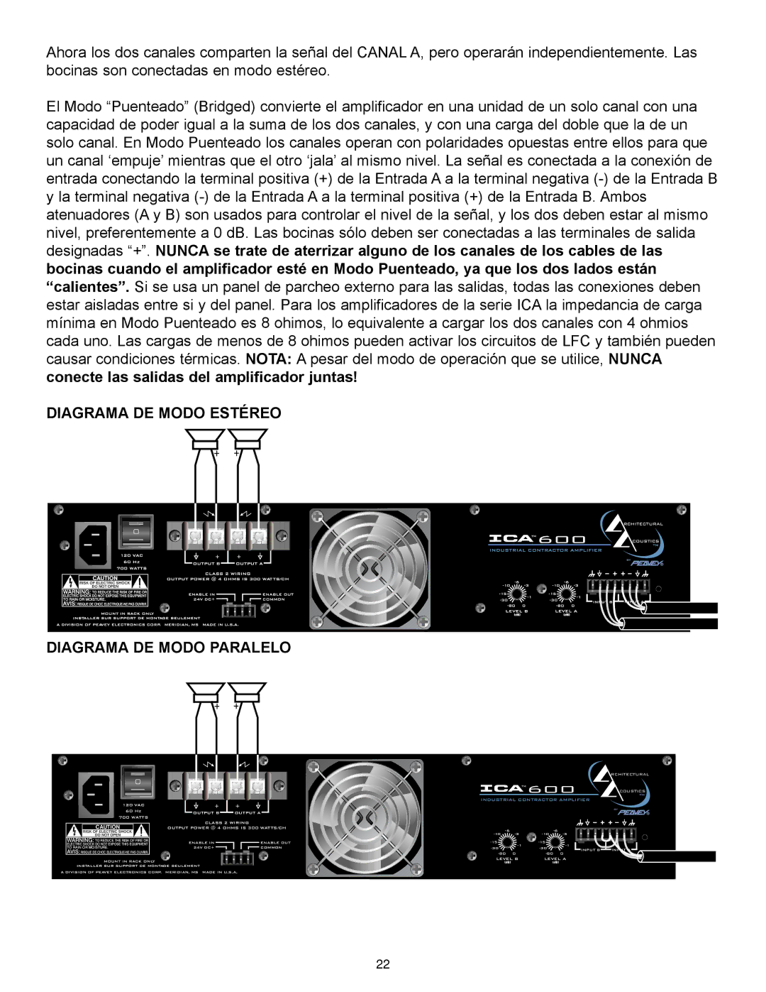 Peavey ICA 600, ICA Series, ICA 800V, ICA 400V, ICA 2400V, ICA 1200 manual Diagrama DE Modo Estéreo Diagrama DE Modo Paralelo 