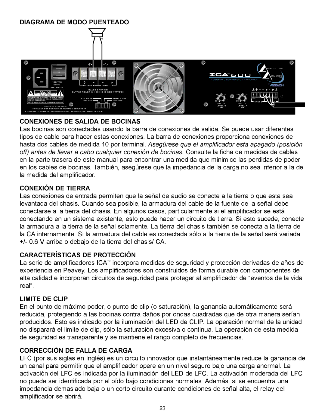 Peavey ICA 2400, ICA 600 Diagrama DE Modo Puenteado, Conexiones DE Salida DE Bocinas, Conexión DE Tierra, Limite DE Clip 