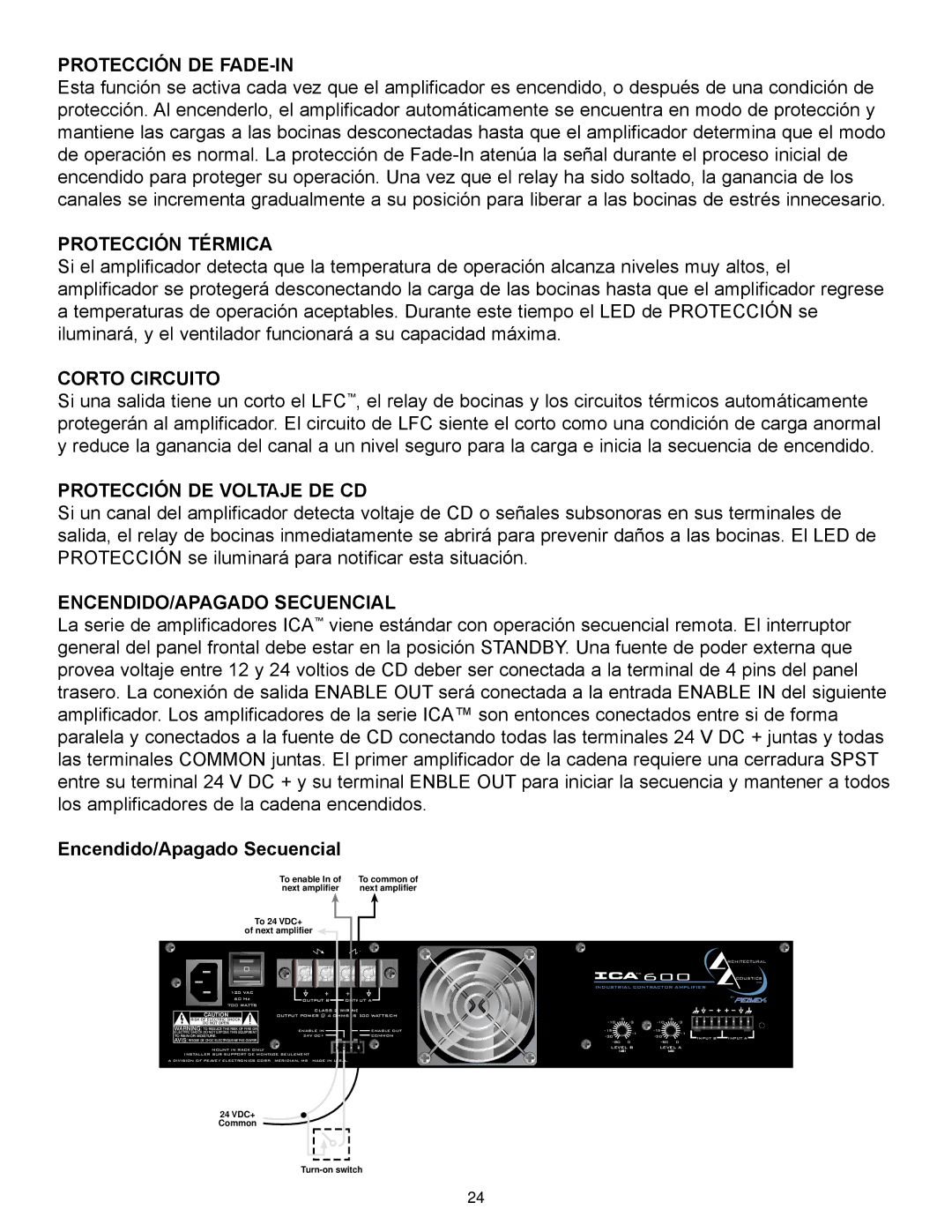 Peavey ICA 800V, ICA Series, ICA 600 Protección DE FADE-IN, Protección Térmica, Corto Circuito, Protección DE Voltaje DE CD 