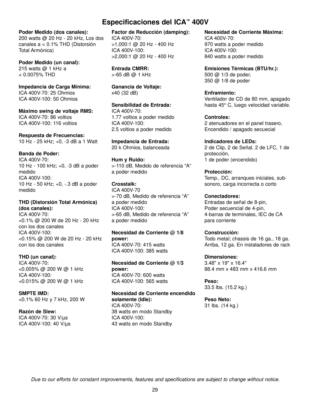 Peavey ICA 600, ICA Series, ICA 800V, ICA 2400V, ICA 1200 manual Especificaciones del ICA 400V 