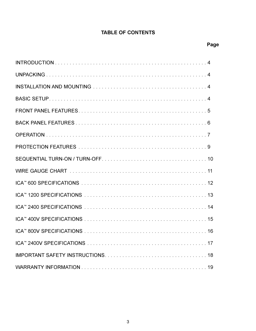 Peavey ICA 800V, ICA Series, ICA 600, ICA 400V, ICA 2400V, ICA 1200 manual Table of Contents 