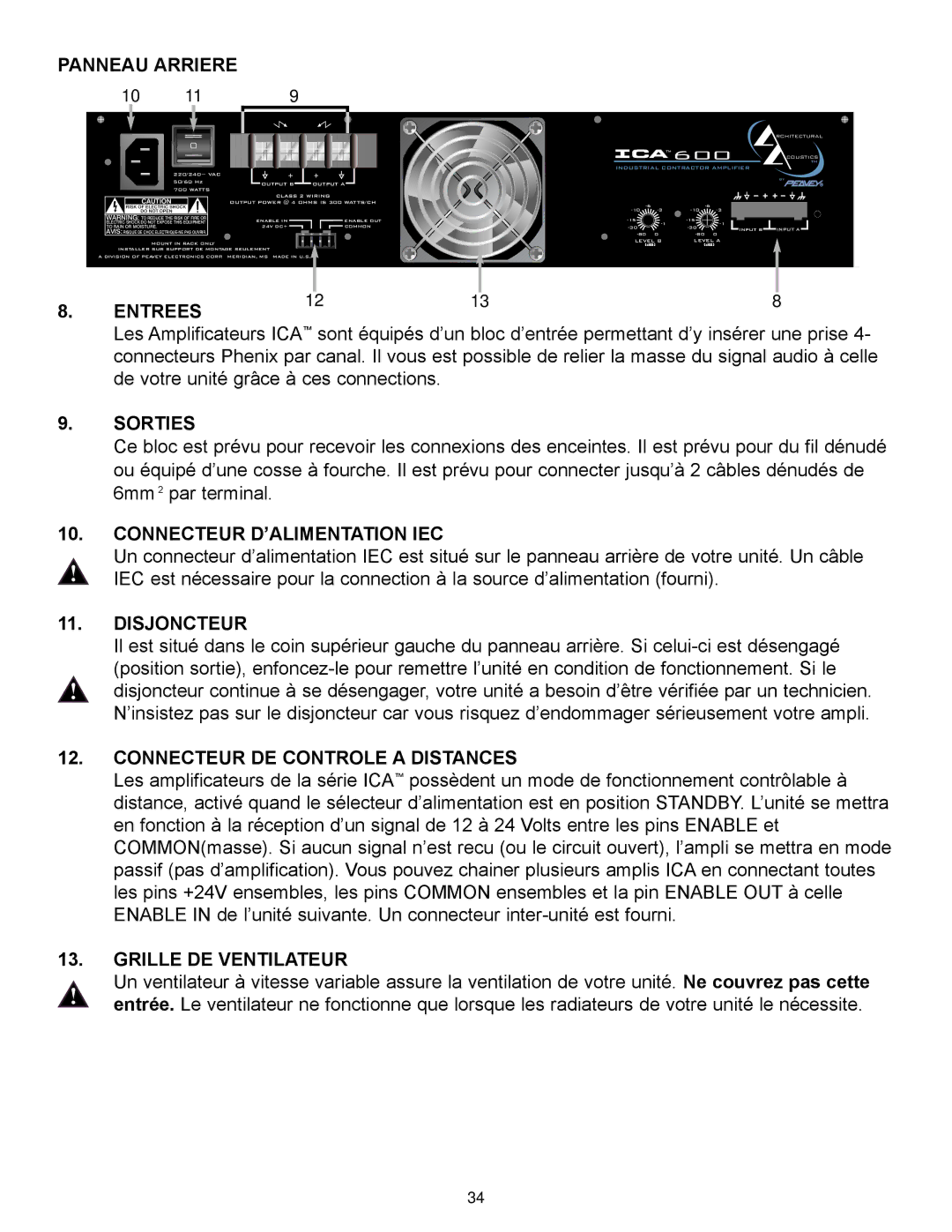 Peavey ICA 1200 manual Panneau Arriere, Entrees, Sorties, Connecteur D’ALIMENTATION IEC, Disjoncteur, Grille DE Ventilateur 