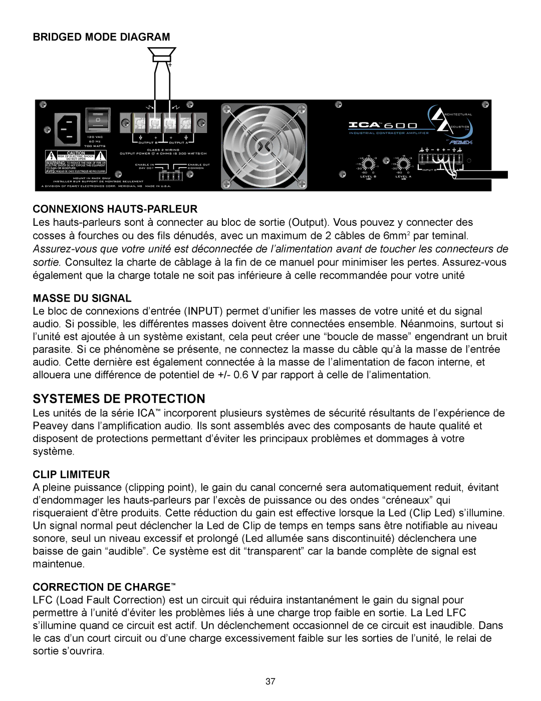 Peavey ICA 2400 Systemes DE Protection, Connexions HAUTS-PARLEUR, Masse DU Signal, Clip Limiteur, Correction DE Charge 