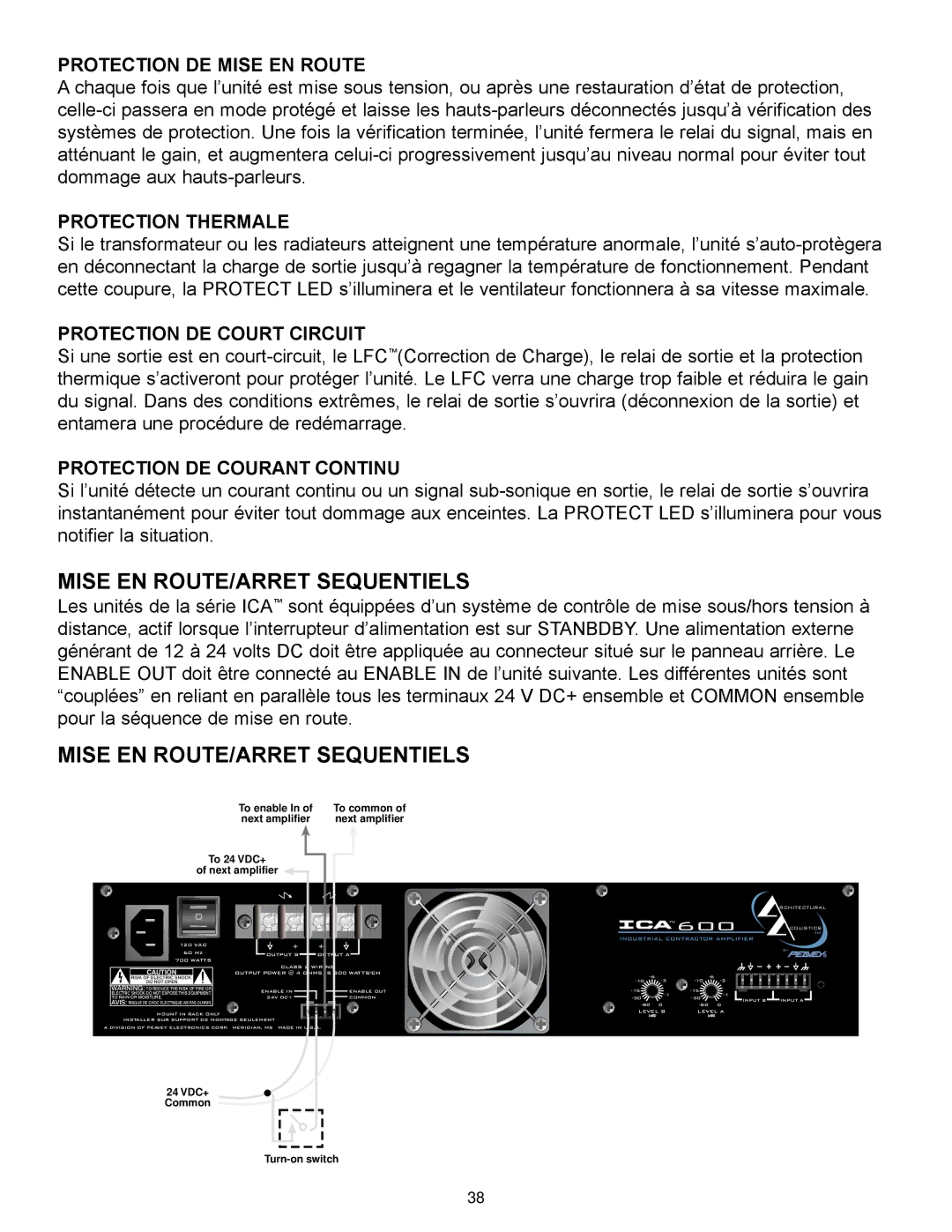 Peavey ICA 800V, ICA Series, ICA 600 manual Mise EN ROUTE/ARRET Sequentiels, Protection DE Mise EN Route, Protection Thermale 