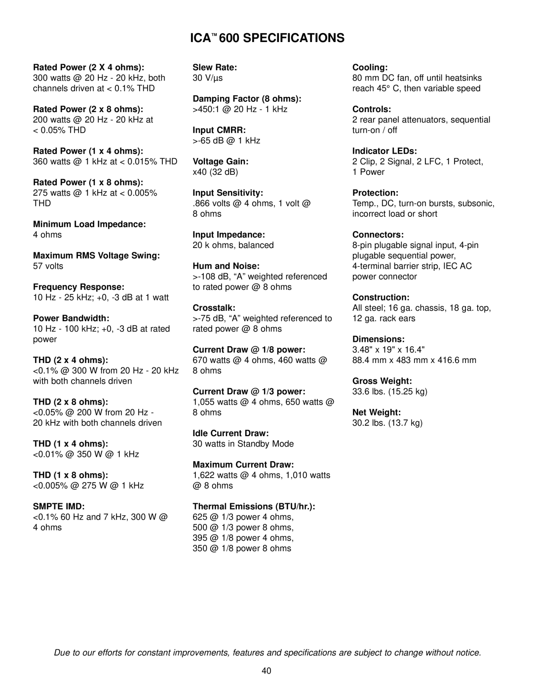 Peavey ICA 2400V, ICA Series, ICA 800V, ICA 400V, ICA 1200 manual ICA 600 Specifications 