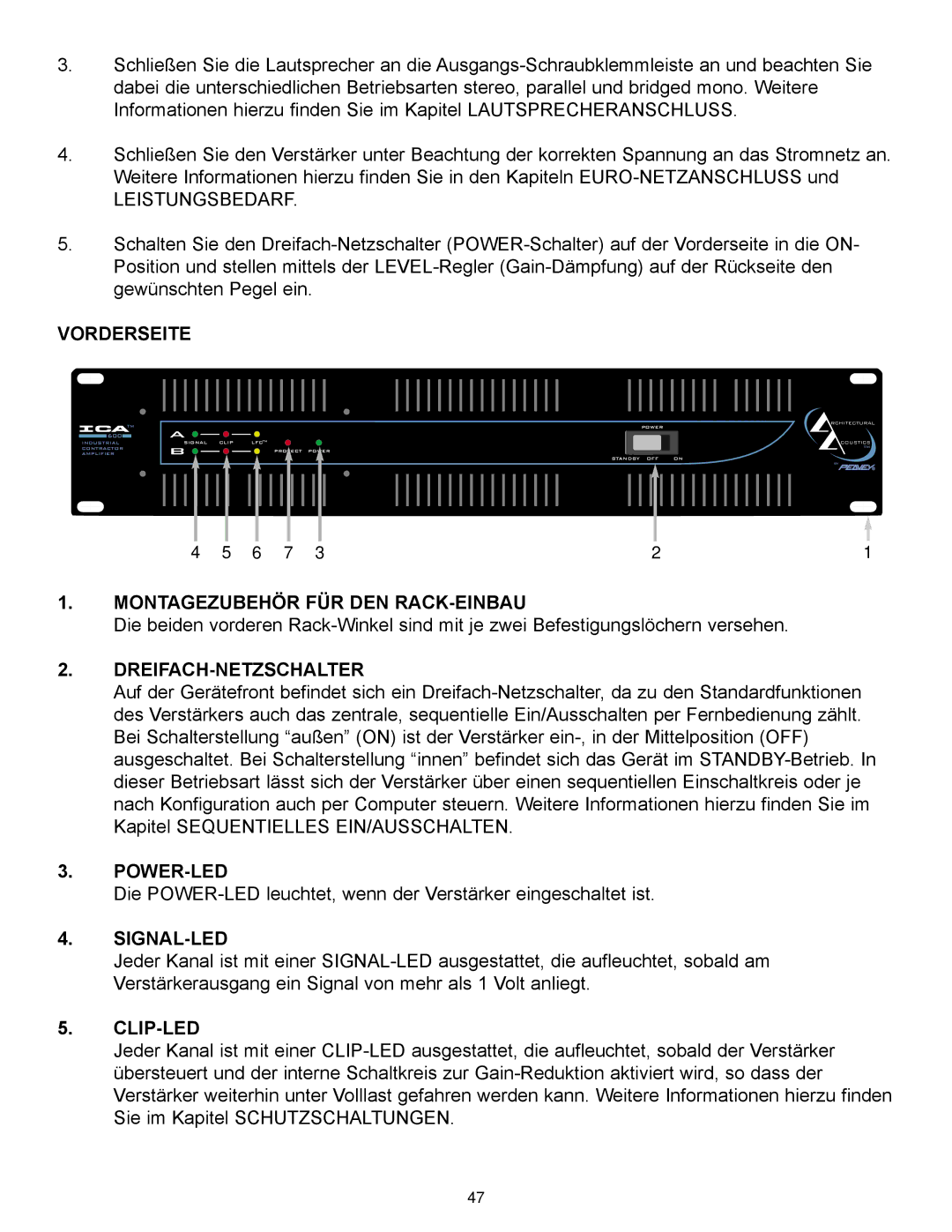 Peavey ICA 2400V Vorderseite, Montagezubehör FÜR DEN RACK-EINBAU, Dreifach-Netzschalter, Power-Led, Signal-Led, Clip-Led 