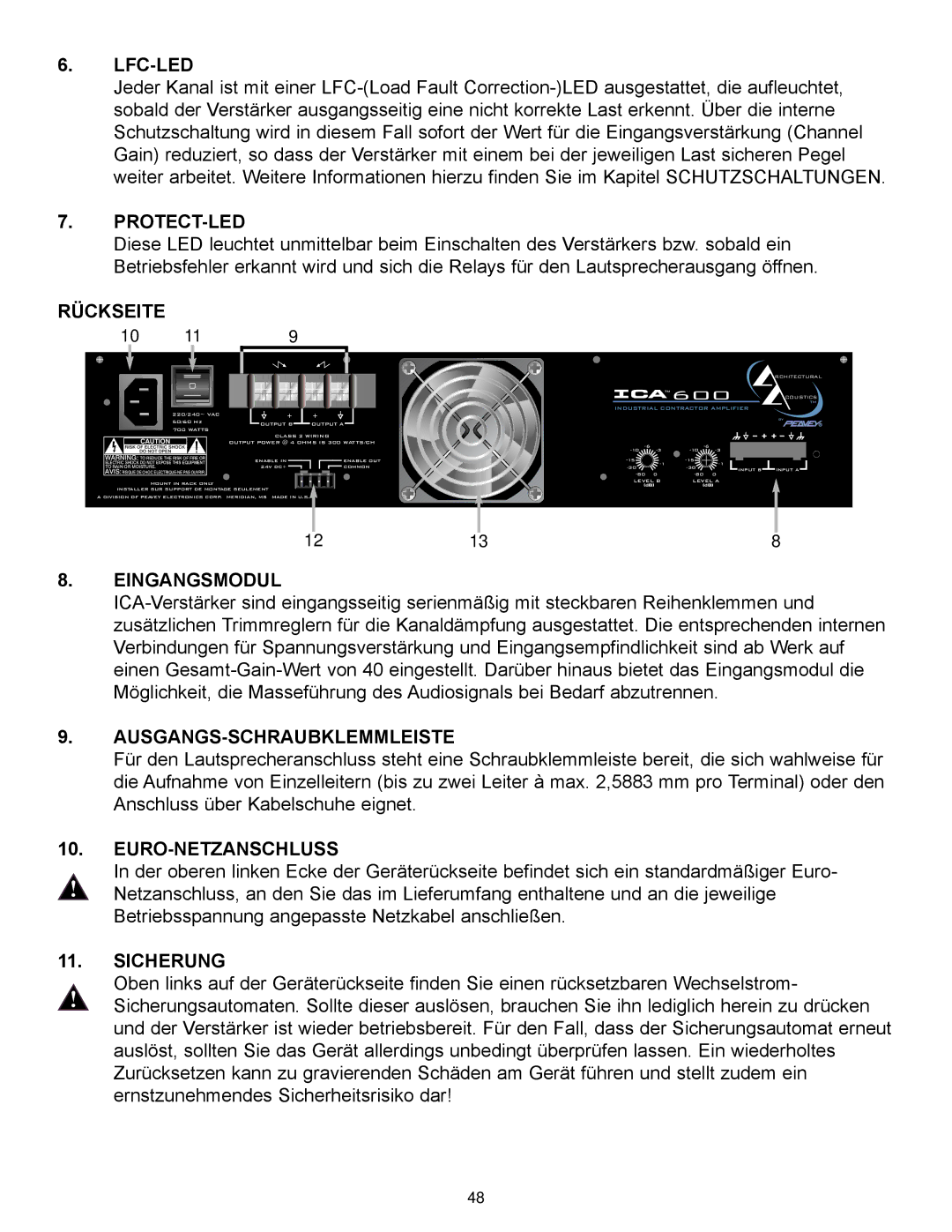 Peavey ICA 1200 Lfc-Led, Protect-Led, Rückseite, Eingangsmodul, Ausgangs-Schraubklemmleiste, Euro-Netzanschluss, Sicherung 