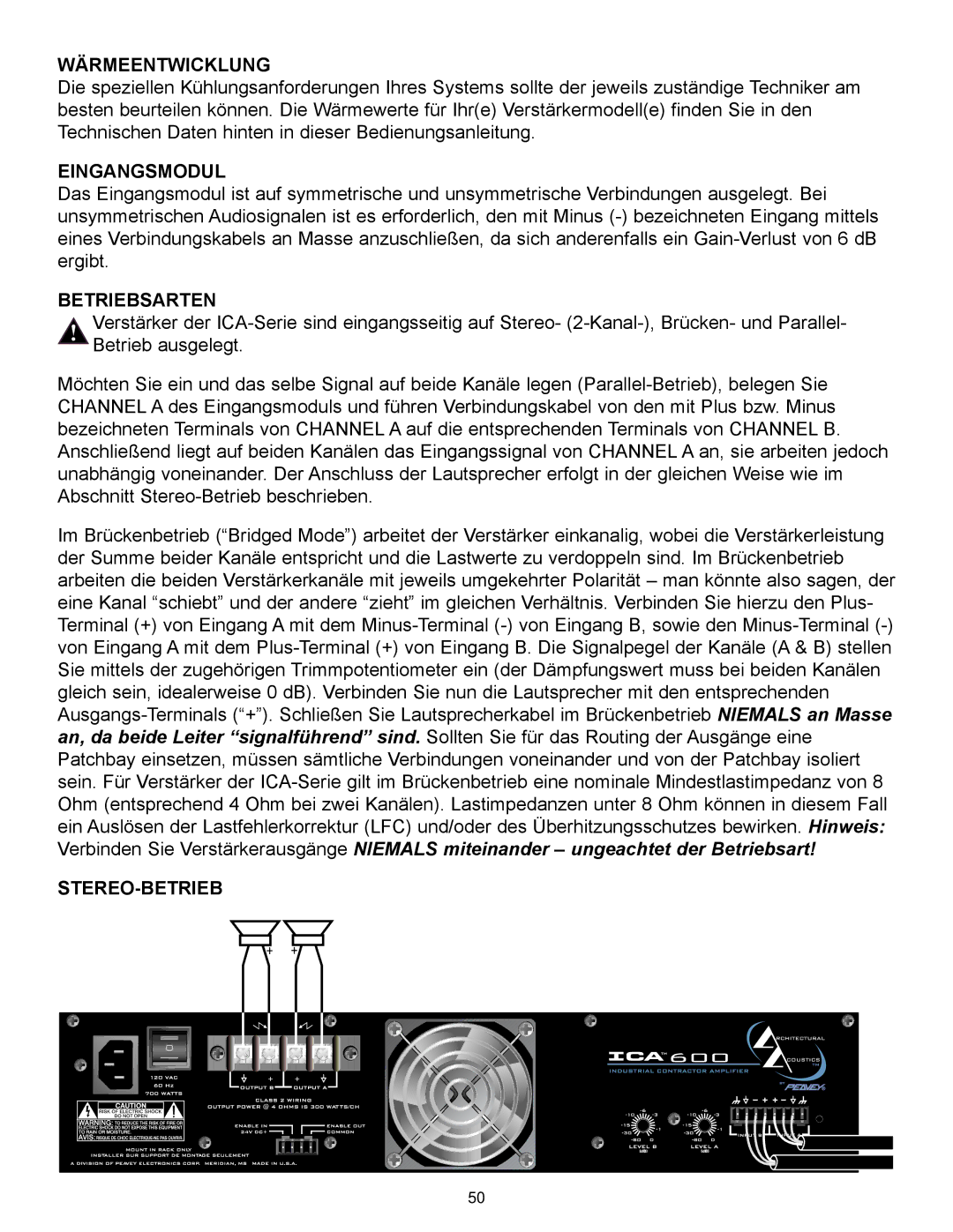 Peavey ICA 600, ICA Series, ICA 800V, ICA 400V, ICA 2400V, ICA 1200 manual Wärmeentwicklung, Betriebsarten, Stereo-Betrieb 