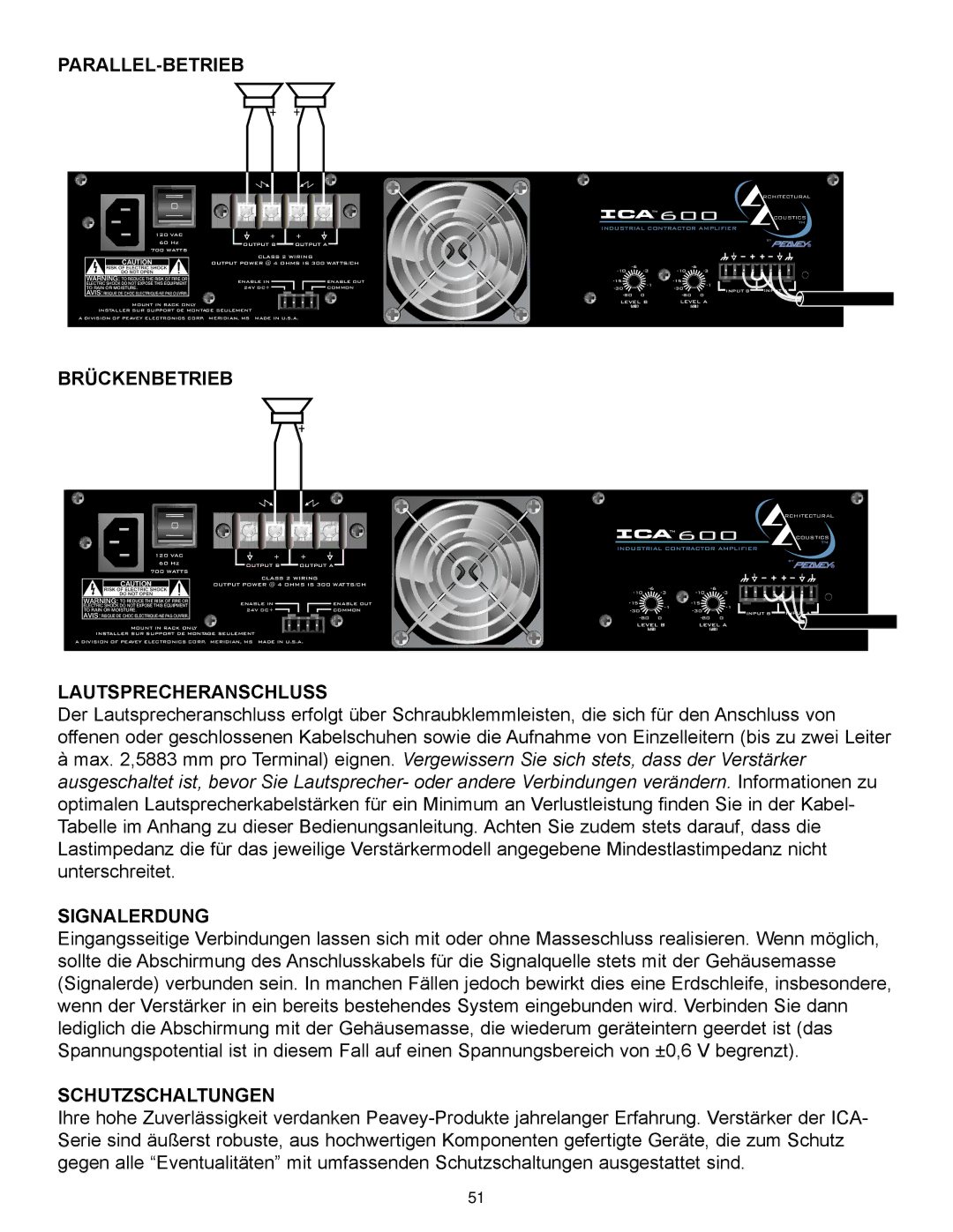 Peavey ICA 2400, ICA Series manual Parallel-Betrieb, Brückenbetrieb, Lautsprecheranschluss, Signalerdung, Schutzschaltungen 