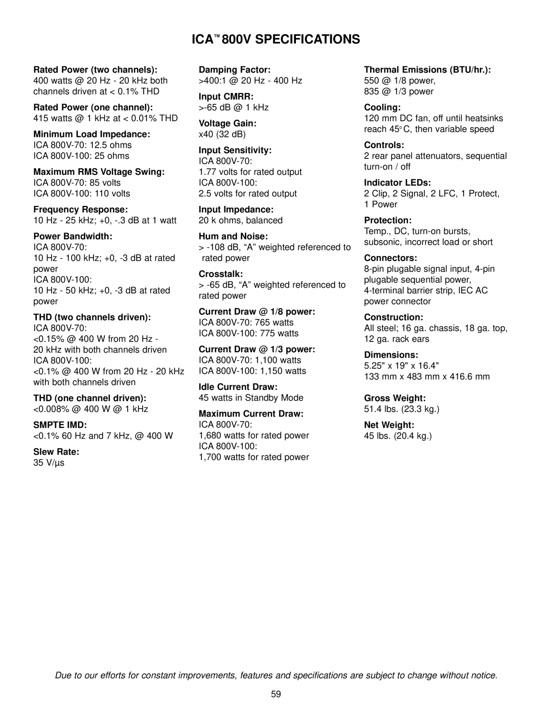 Peavey ICA Series, ICA 600, ICA 400V, ICA 2400V, ICA 1200 manual ICA 800V Specifications 