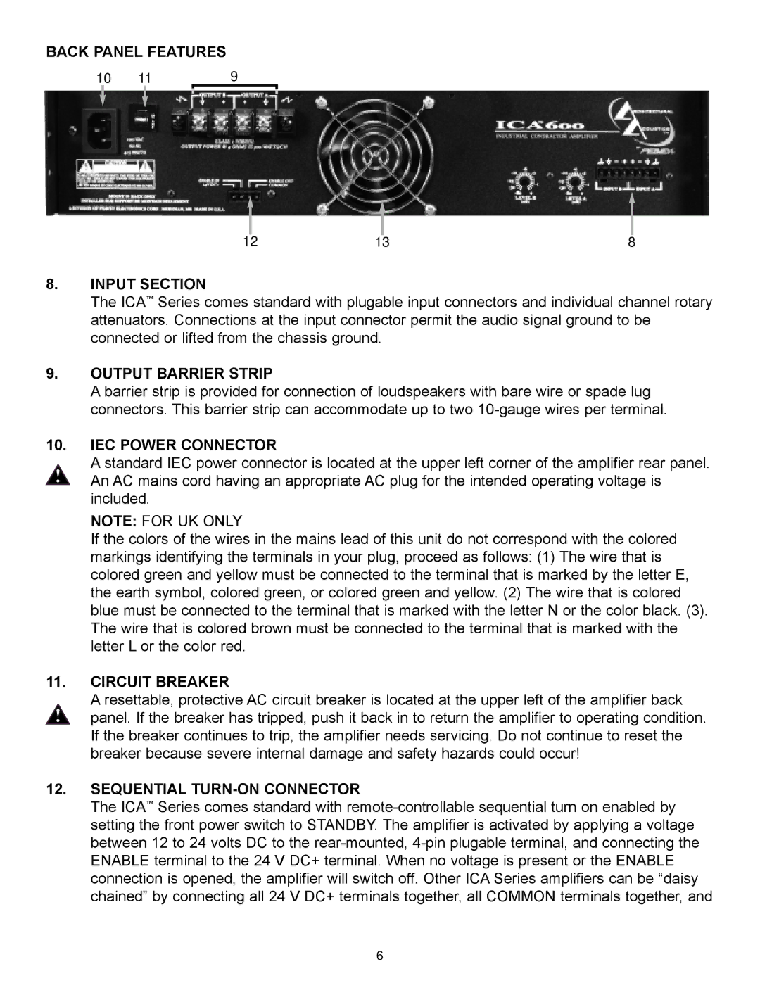 Peavey ICA 1200, ICA Series Back Panel Features Input Section, Output Barrier Strip, IEC Power Connector, Circuit Breaker 