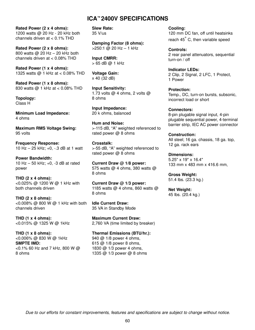 Peavey ICA 400V, ICA Series, ICA 600, ICA 800V, ICA 1200 manual ICA 2400V Specifications 