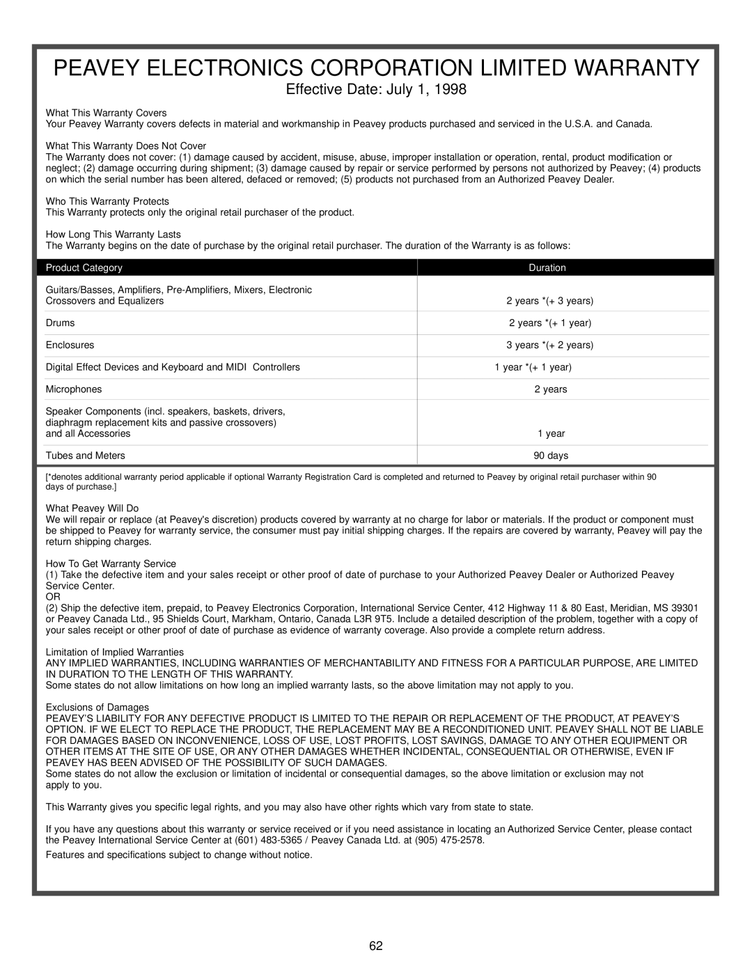 Peavey ICA 1200, ICA Series, ICA 600, ICA 800V, ICA 400V, ICA 2400V manual Peavey Electronics Corporation Limited Warranty 