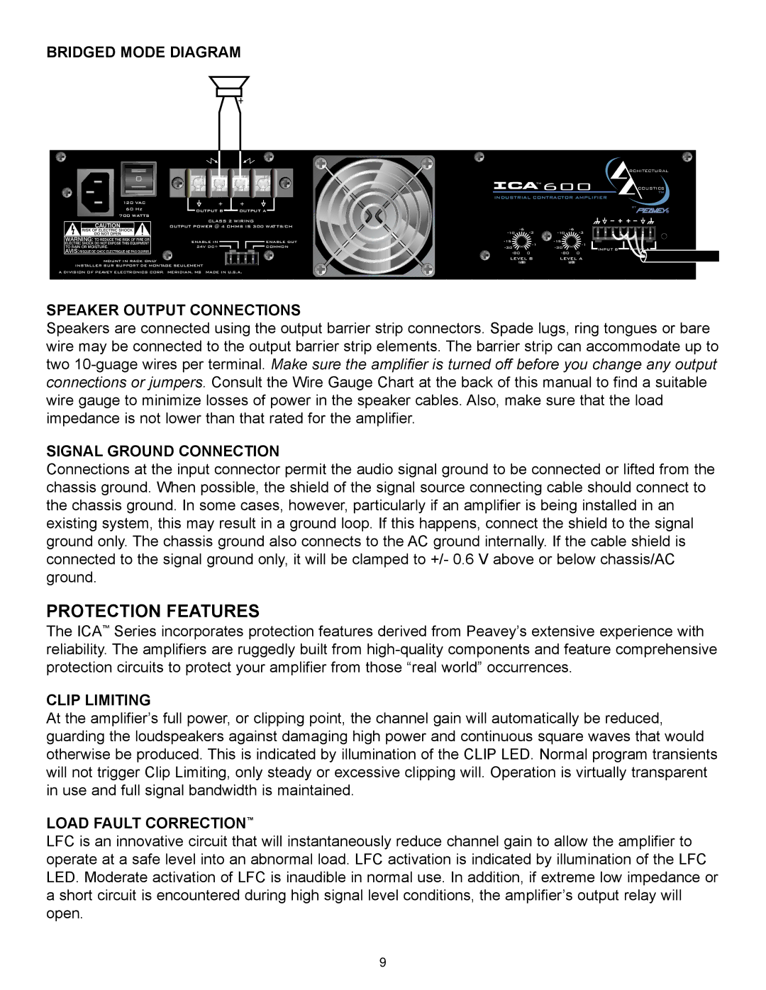 Peavey ICA Series, ICA 600, ICA 800V, ICA 400V, ICA 2400V, ICA 1200 manual Protection Features 