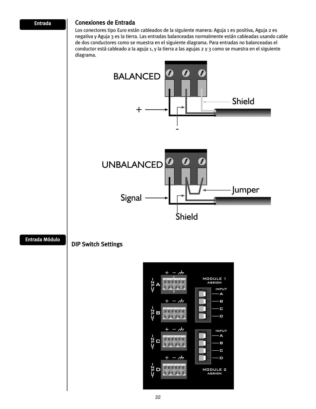 Peavey ICS 4200 user manual Conexiones de Entrada, DIP Switch Settings 