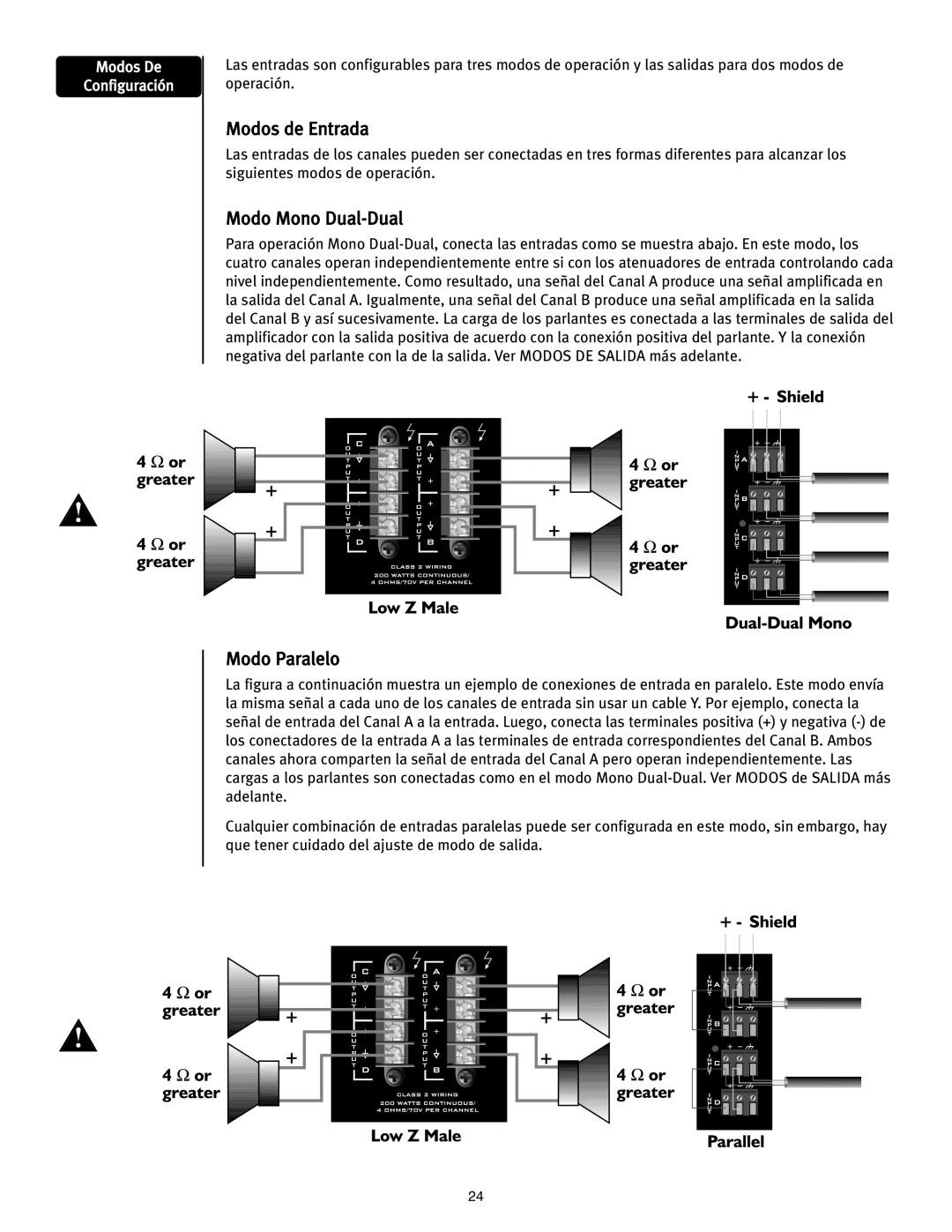 Peavey ICS 4200 user manual Modos de Entrada, Modo Mono Dual-Dual, Modo Paralelo 