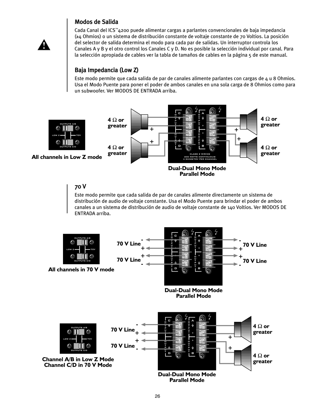 Peavey ICS 4200 user manual Modos de Salida, Baja Impedancia Low Z 