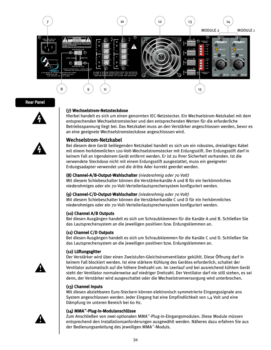 Peavey ICS 4200 user manual Wechselstrom-Netzkabel, Channel-C/D-Output-Wahlschalter niederohmig oder 70 Volt 