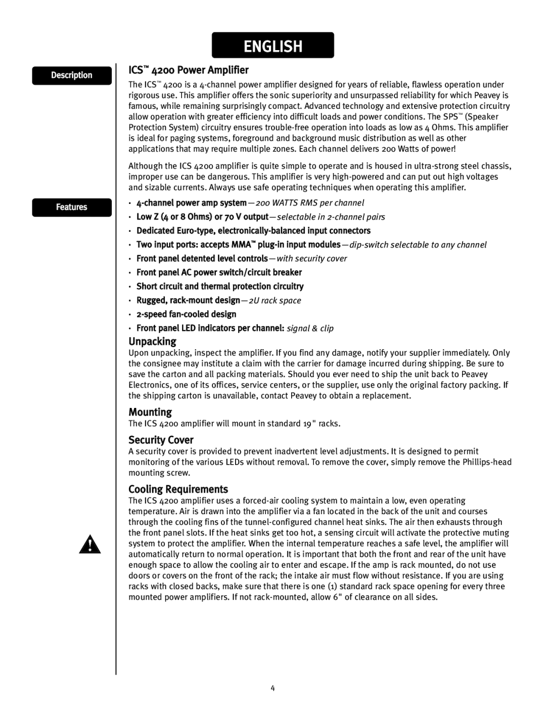 Peavey user manual ICS 4200 Power Amplifier, Unpacking, Mounting, Security Cover, Cooling Requirements 