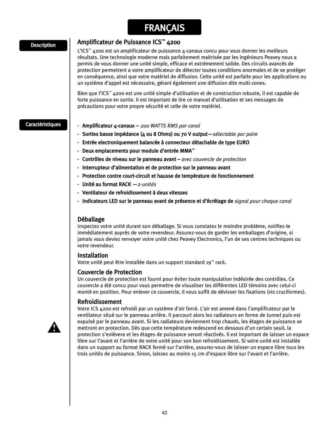 Peavey ICS 4200 Amplificateur de Puissance ICS, Déballage, Installation, Couvercle de Protection, Refroidissement 