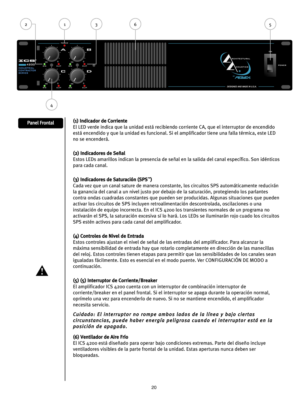 Peavey ICS 4200 user manual Panel Frontal, Indicador de Corriente 