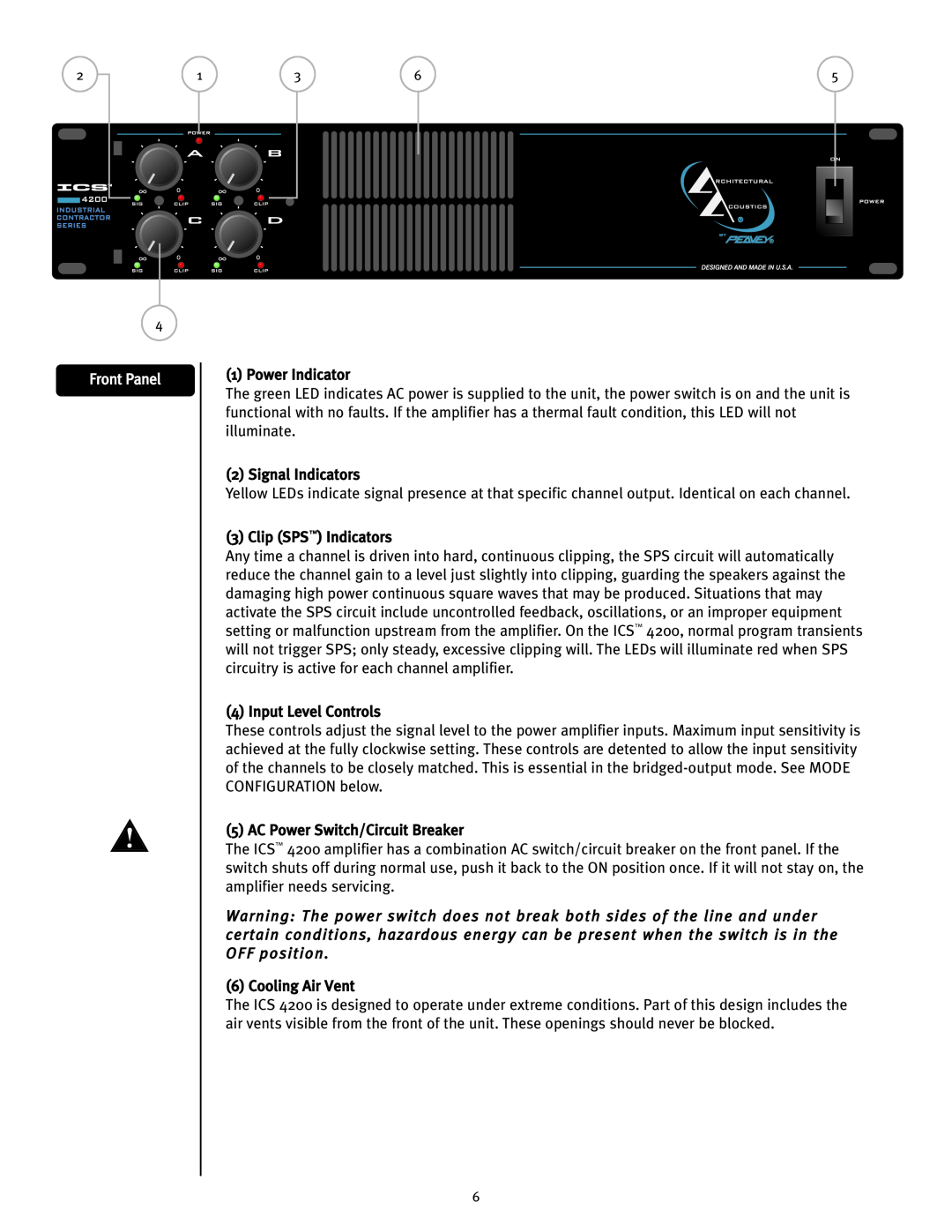 Peavey ICS 4200 user manual Front Panel, Power Indicator 