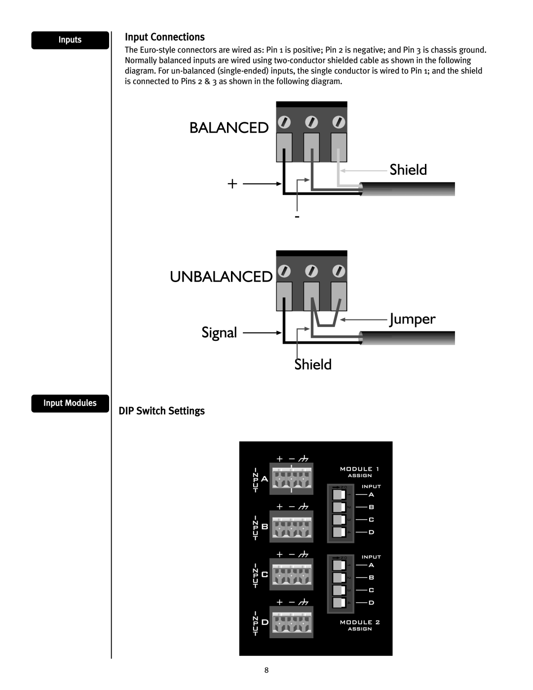 Peavey ICS 4200 user manual Input Connections, DIP Switch Settings, Inputs Input Modules 