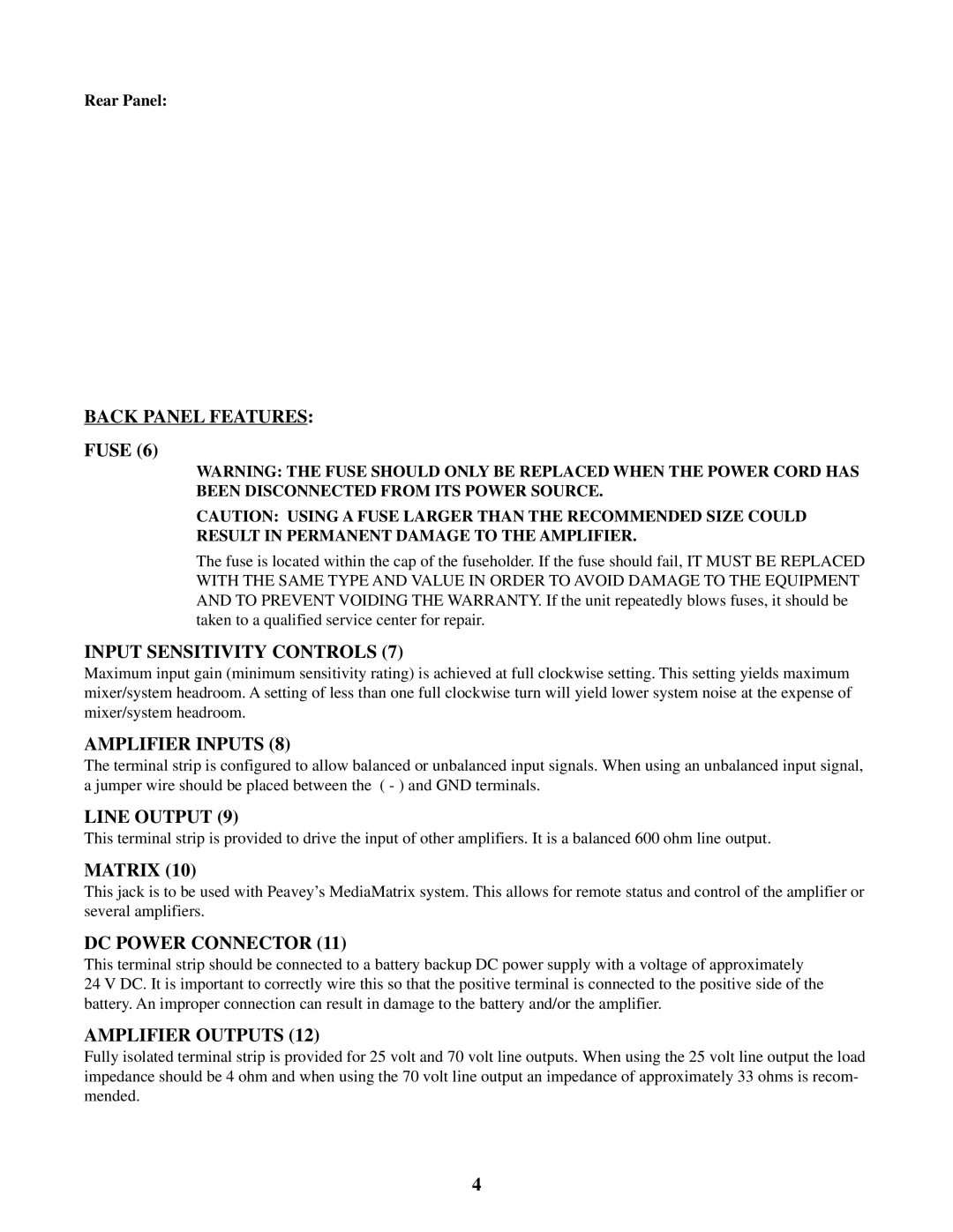 Peavey IDC 150T II manual Back Panel Features, Input Sensitivity Controls, Amplifier Inputs, Line Output, Matrix 