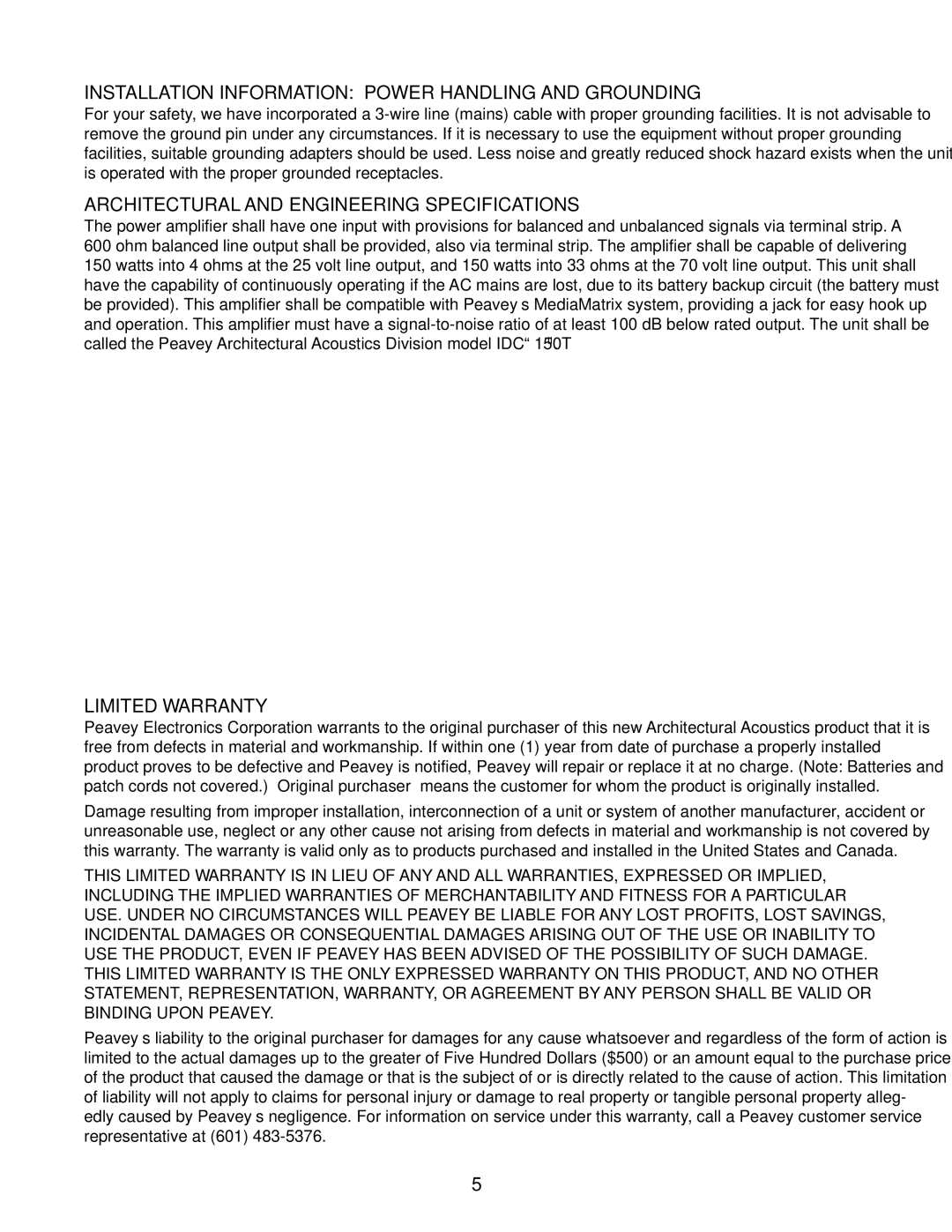 Peavey IDC 150T II Installation Information Power Handling and Grounding, Architectural and Engineering Specifications 