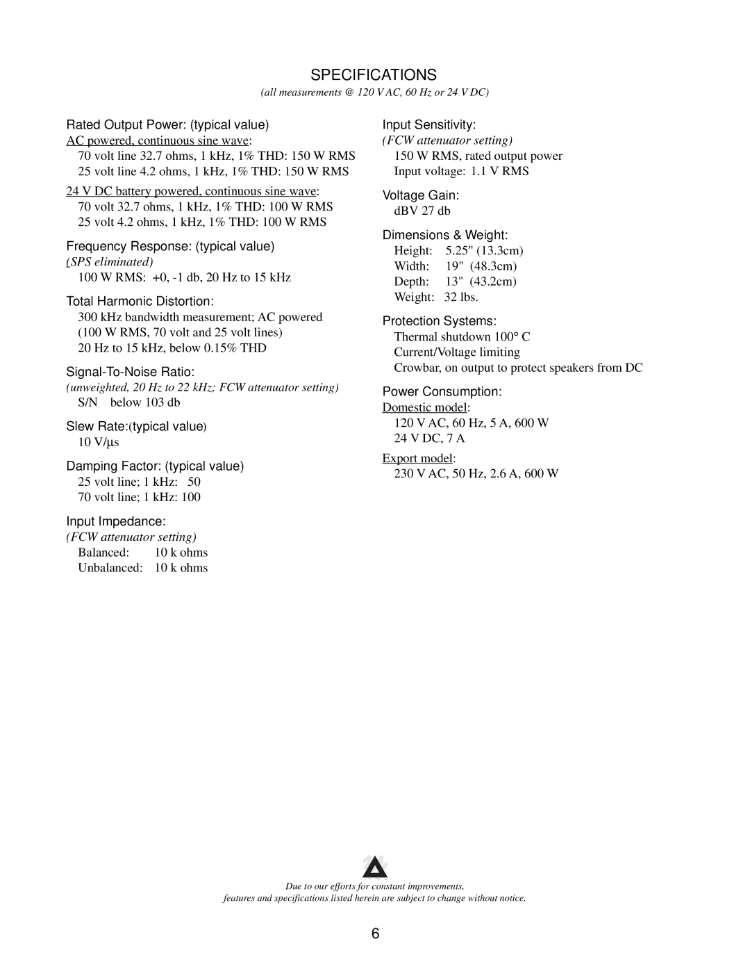 Peavey IDC 150T II manual Specifications 