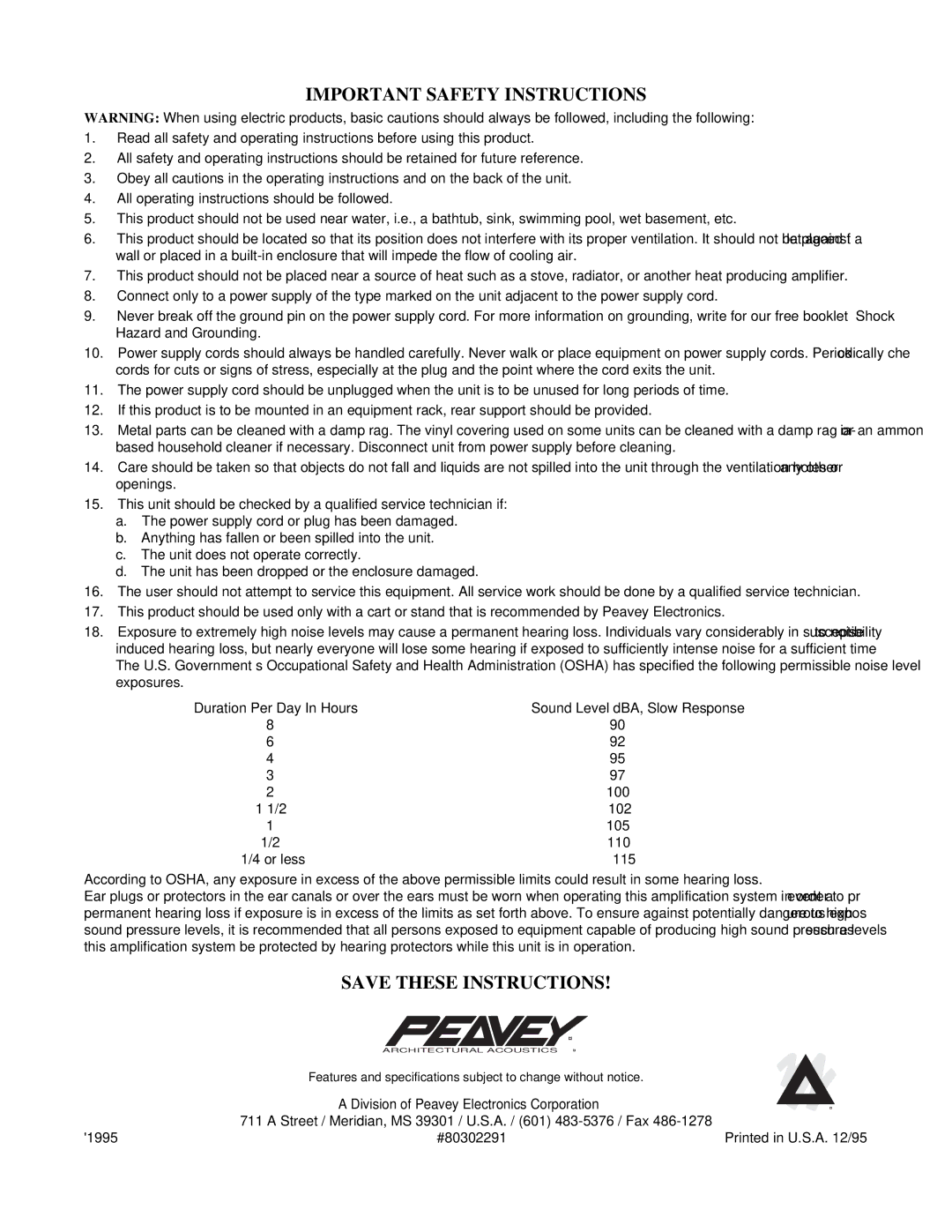 Peavey IDC 150T II manual Important Safety Instructions 